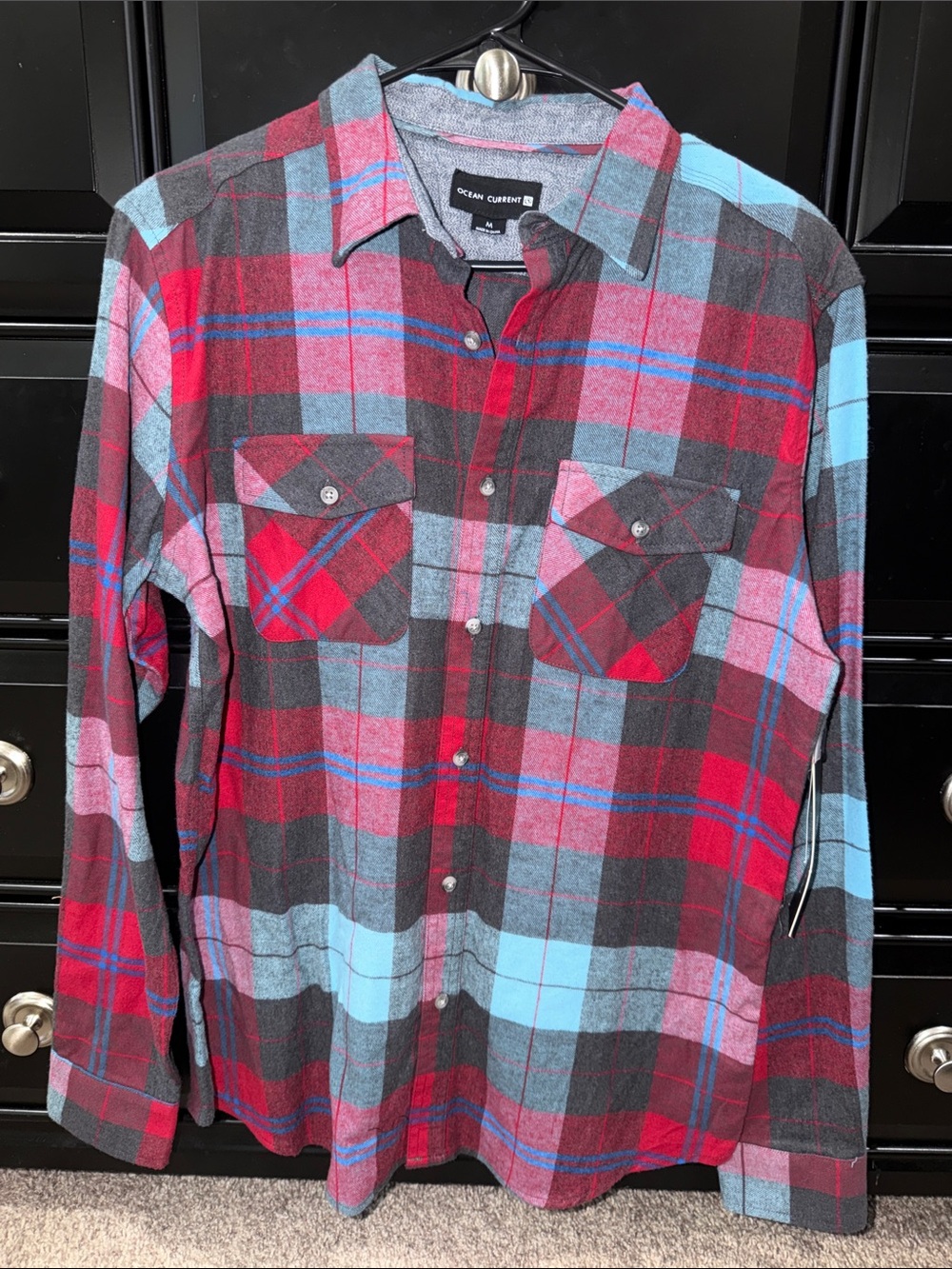Ocean Current Men’s Red, Blue & Gray Plaid Button-Down Shirt